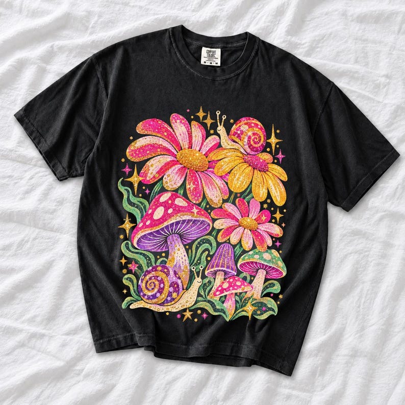 Retro 70s psychedelic glitter daisies and snails with groovy stars in pink, mustard, violet and mint