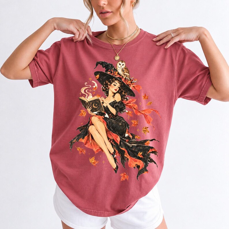 Retro 1950s pin-up witch floating while reading a spell book with an owl on her hat, autumn leaves