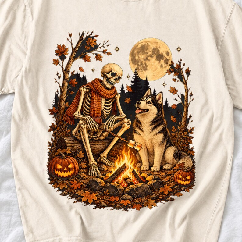 A skeleton in a scarf roasting marshmallows by a campfire beside a husky in an autumn forest under a full moon