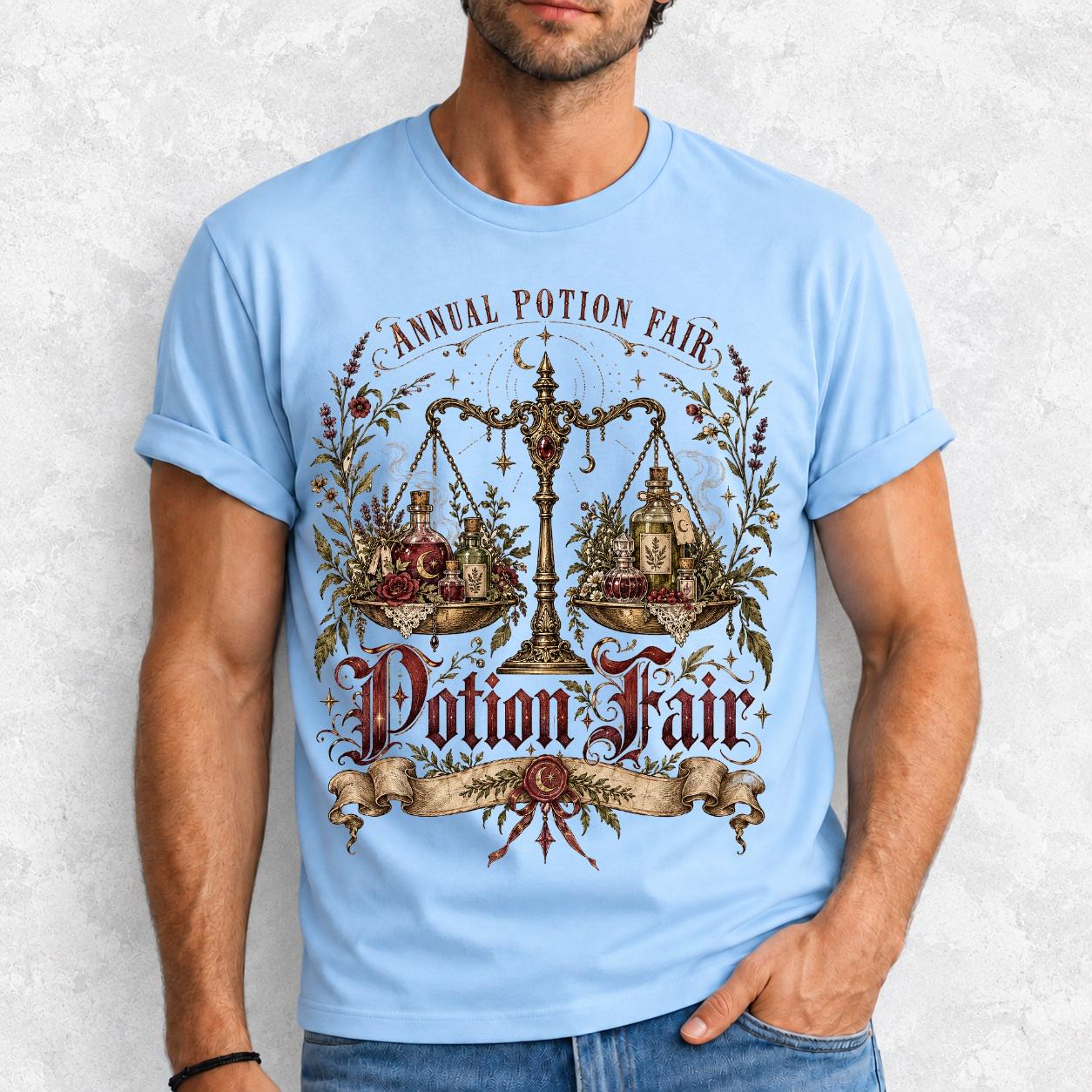 Vintage poster style apothecary scale with potion bottles and a ribbon banner reading Annual Potion Fair