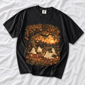 Vintage oil painting of sheet ghosts having a picnic under oak trees with falling autumn leaves at golden hour