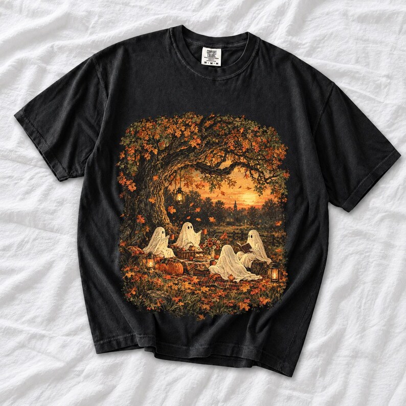 Vintage oil painting of sheet ghosts having a picnic under oak trees with falling autumn leaves at golden hour