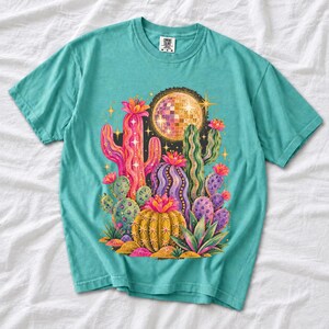 Retro 70s psychedelic glitter cacti with a disco ball moon in pink, mustard, violet and mint