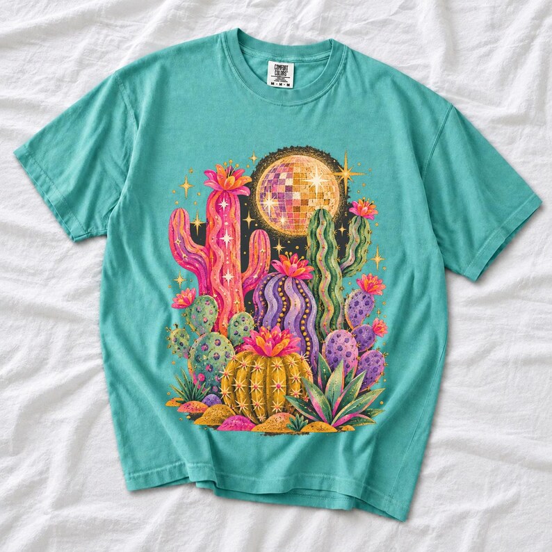 Retro 70s psychedelic glitter cacti with a disco ball moon in pink, mustard, violet and mint