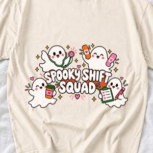 Four kawaii ghosts with stethoscope, bandages, coffee and clipboard, text Spooky Shift Squad