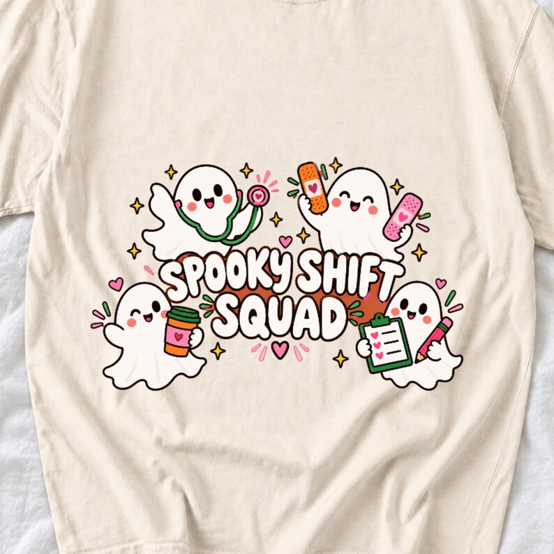 Four kawaii ghosts with stethoscope, bandages, coffee and clipboard, text Spooky Shift Squad