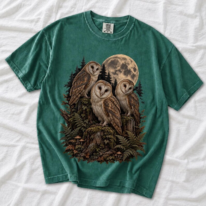 Three barn owls on a mossy stump under a huge full moon with ferns and mushrooms, dark realistic forest illustration