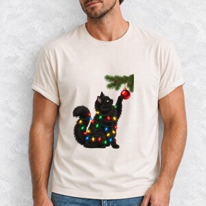 Comfort Colors Black Cat Christmas Shirt, Funny Cat Ornament Tee, Black Cat Christmas Lights T-shirt, Cat Mom Holiday Shirt