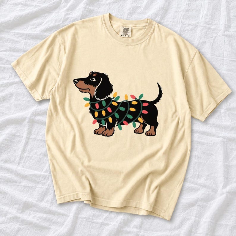 Comfort Colors Dachshund Christmas Lights Shirt, Funny Doxie Christmas Tee, Wiener Dog Christmas T-shirt, Dachshund Mom Holiday Shirt