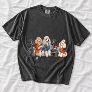 Illustrated poodles in salon smocks with brushes and a hair dryer, text Pawdicure Crew