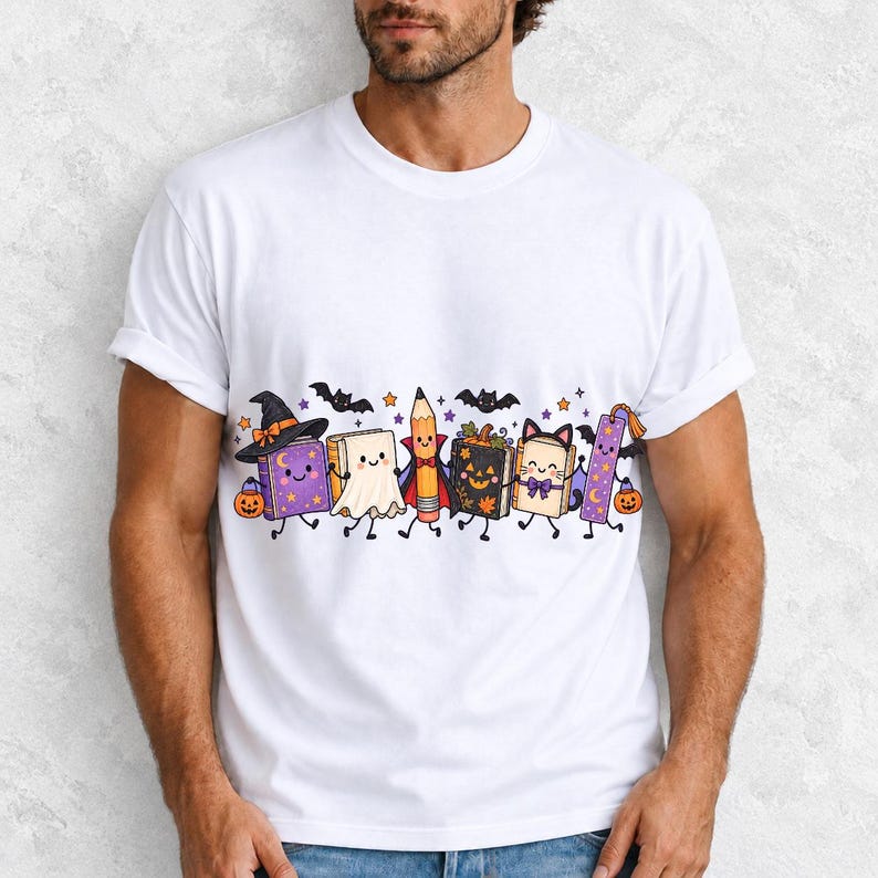 Kawaii books, pencil and bookmark with faces in Halloween costumes, pastel purple and orange