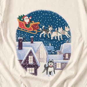 Comfort Colors Santa Sleigh Huskies Shirt, Christmas Village Husky Tee, Retro Santa Sled Dogs T-shirt, Husky Lover Holiday Shirt, Husky Tee