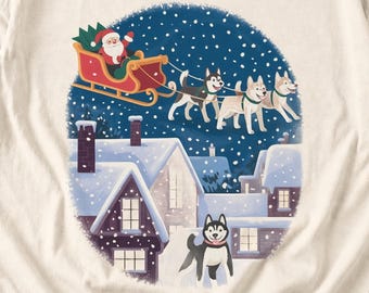 Comfort Colors Santa Sleigh Huskies Shirt, Christmas Village Husky Tee, Retro Santa Sled Dogs T-shirt, Husky Lover Holiday Shirt, Husky Tee