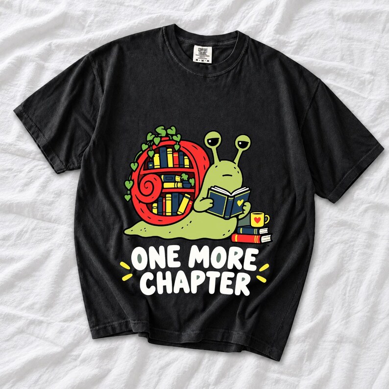 Cartoon snail reading a book with a bookshelf shell and the text One More Chapter