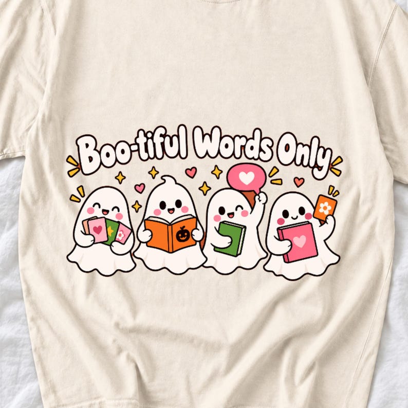 Four kawaii ghosts with flash cards, speech bubbles and books, text Boo-tiful Words Only