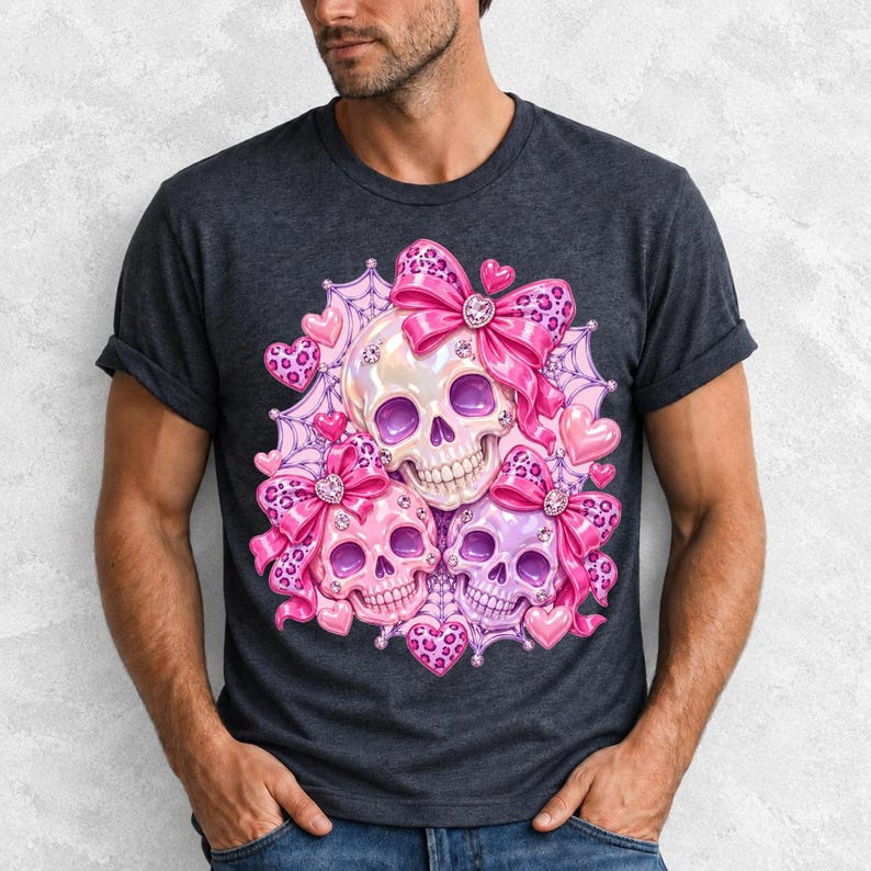 Puffy glossy 3D pink skulls with bows, hearts, cobwebs and rhinestones in coquette style