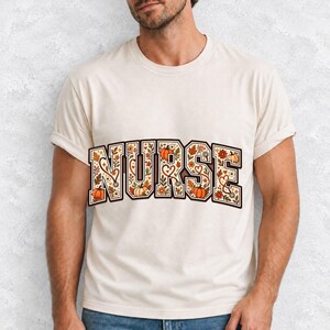 Arched varsity word NURSE filled with autumn leaves, stethoscopes and pumpkins in cream, rust and mustard