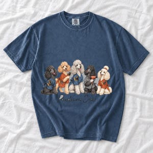 Illustrated poodles in salon smocks with brushes and a hair dryer, text Pawdicure Crew