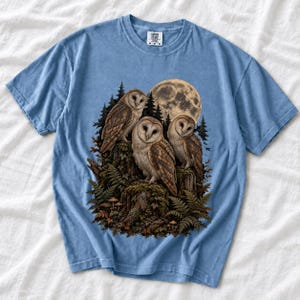 Three barn owls on a mossy stump under a huge full moon with ferns and mushrooms, dark realistic forest illustration
