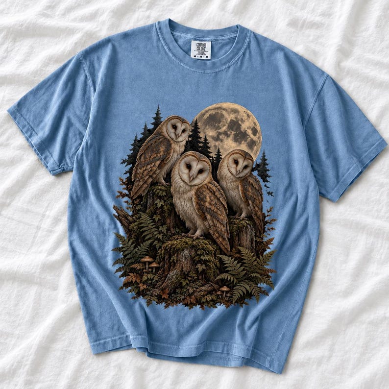 Three barn owls on a mossy stump under a huge full moon with ferns and mushrooms, dark realistic forest illustration