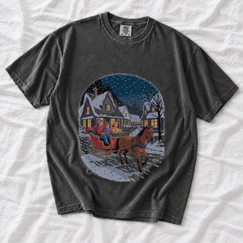 Comfort Colors Horse Sleigh Christmas Shirt, Retro Christmas Village Tee, Snowy Sleigh Ride T-shirt, Christmas Horse Shirt Women, Sleigh Tee