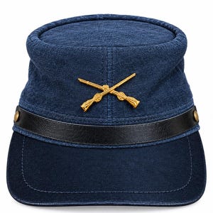 May include: A dark blue fabric forage cap featuring a gold-colored metal emblem of two crossed rifles on the front. The cap includes a black leather-like band across the base with a small gold-colored button on each side and a stiffened visor.