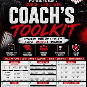 May include: A digital coach's toolkit for Google Sheets featuring a red and black design. It includes templates for practice plans, depth charts, equipment inventory, and schedules. The text reads Coach's Toolkit, Resources, Templates & Tools.
