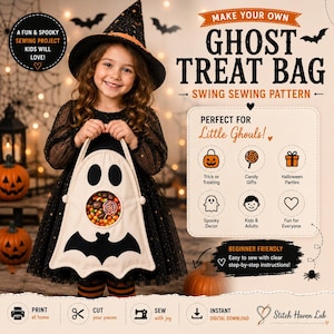 May include: A sewing pattern for a ghost-shaped treat bag with a circular window, featuring black bat and ghost face graphics. The instructional text includes 'Make Your Own Ghost Treat Bag', 'Swing Sewing Pattern', and 'Beginner Friendly'.