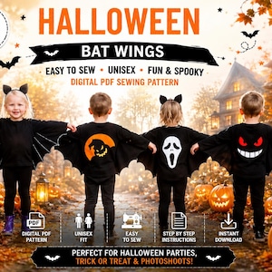 May include: A digital PDF sewing pattern for Halloween bat wings featuring four children wearing black shirts with bat wing sleeves and headbands. The text reads HALLOWEEN BAT WINGS, EASY TO SEW, UNISEX, FUN & SPOOKY, DIGITAL PDF SEWING PATTERN.