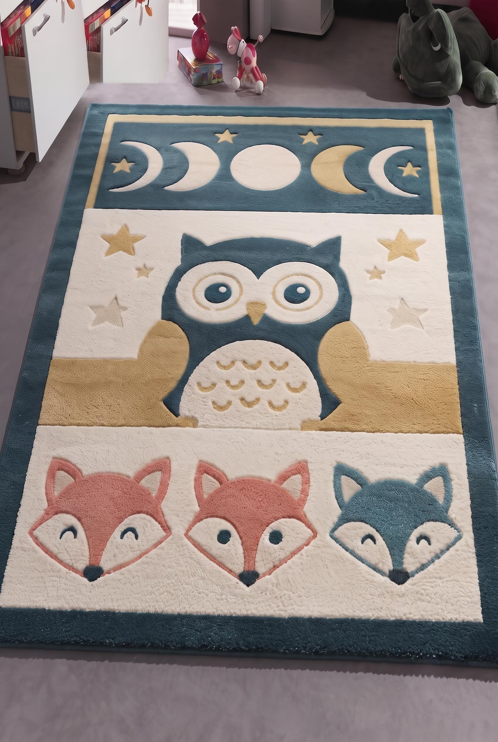 Hand Tufted Wool Owl Fox Rug | Woodland Night Sky Nursery Carpet