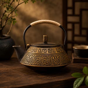 May include: A cast iron teapot featuring a dark finish with gold-toned relief patterns of geometric Greek key designs. The teapot has a curved spout, a flat lid with a small knob, and a black metal handle wrapped in light brown natural fibre.