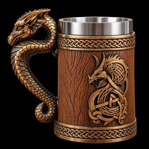 May include: A cylindrical tankard with a metallic silver interior and a brown wood-grain exterior. The handle is shaped like a dragon head and neck. The body features a relief of a dragon intertwined with Celtic knotwork and braided borders.