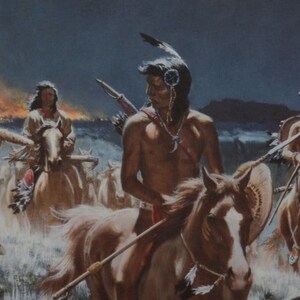 May include: A group of Native American warriors on horseback ride through a landscape with a fire in the background. The warriors are wearing traditional clothing and carrying weapons. The horses are brown and white.