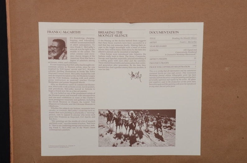 May include: A black and white photograph of a group of Native Americans on horseback riding through a snowy landscape. The title "Breaking the Moonsilence" is printed above the image. The artist's signature is in the bottom right corner. The text "Documentation" is printed in the top right corner of the image.