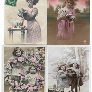 4 francuskie kolorowe pocztówki z dziećmi w stylu vintage mixed media journal art