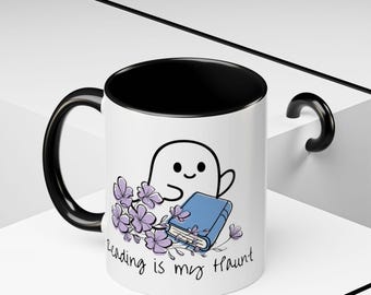 Mug « Fantôme mignon lisant un livre » | La lecture est mon refuge | Mug décoratif | Mug pour les lecteurs et les amoureux des fantômes