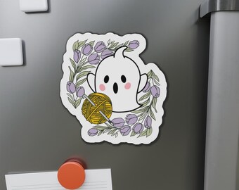 Aimant découpé fantôme avec pelote de laine pour crocheteuse | Aimant d'Halloween fleuri mignon
