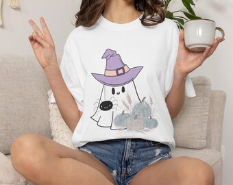 T-shirt fantôme mignon avec chapeau de sorcière | T-shirt pastel d'Halloween pour les amoureux d'Halloween