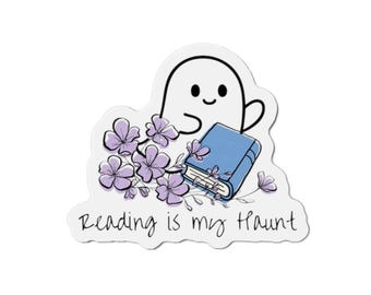 Aimant découpé « La lecture est mon refuge » | Fantôme avec livre et fleurs | Pour les lecteurs et les amoureux des fantômes