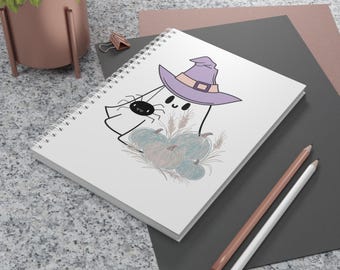 Carnet à spirales avec un adorable fantôme et un chapeau de sorcière | Illustration de citrouille d'Halloween