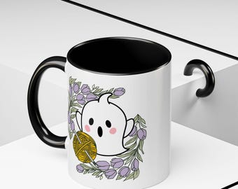 Mug à café avec illustration florale fantôme en laine et crochet | 325 ml / 445 ml
