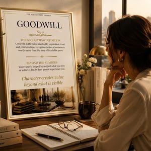 May include: A framed wall art print titled THE ACCOUNTANT DIARIES GOODWILL, featuring a definition of goodwill, the text BEYOND THE NUMBERS, and the phrase Character creates value beyond what is visible, with a photographic image of an office desk.