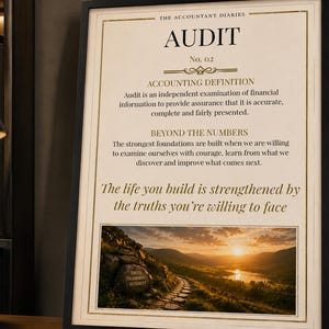 May include: A framed wall art print titled The Accountant Diaries Audit No. 02. It features an accounting definition, a motivational quote, and a landscape photograph of a sunset over a valley with a stone path and a rock labelled Truth Transparency Integrity.
