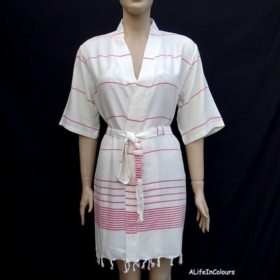 Red Colour Striped Women S White Kimono Short Bathrobe Etsy
