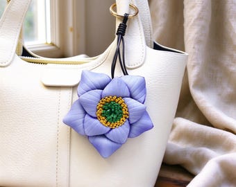 Handmade Lavender Leather Lotus Bag Charm, Genuine Cowhide Flower Keychain, Handcrafted Floral Purse Accessory