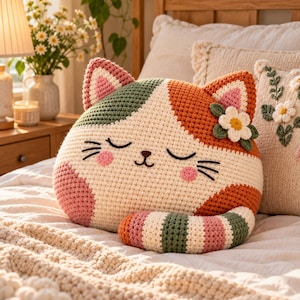 May include: A multi-colored crochet cat pillow featuring a cream-colored face, orange and green patches, pink cheeks, and closed eyes. The cat has pointed ears with pink centers and a white flower accent. A striped tail in orange, green, and pink wraps around the front.