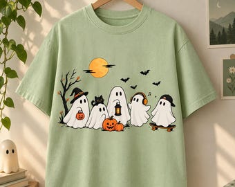 Halloween-spökskjorta png, kattskjorta med spöksäsong png, Halloween-kattskjorta png, halloween-present, spökkomfortfärgade skjortor png