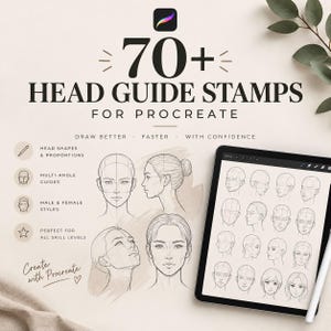 May include: A digital set of 70+ head guide stamps for Procreate featuring various facial sketches, angles, and proportions. The text reads 70+ HEAD GUIDE STAMPS FOR PROCREATE, DRAW BETTER - FASTER - WITH CONFIDENCE, and Create with Procreate.