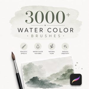 Op de afbeelding: Een digitaal productoverzicht met 3000+ aquarelborstels, een penseel, een aquarel landschapsschilderij en vier iconen met de labels Realistic Effects, Water Color Textures, Natural Flow en Endless Creativity.