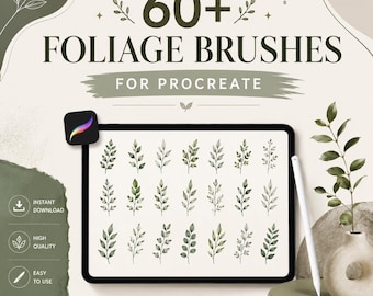 60+ Lövpenslar för Procreate | Botaniska löv | Växtpenslar | Natur, löv, gräs | Blomsterstämplar | Digitalt konstpenselpaket